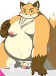 anthro balls belly blush bodily_fluids buried_penis chest_tuft cum fupa fur genital_fluids genitals green_eyes looking_at_viewer male moobs nipples nude orange_body orange_fur overweight overweight_anthro overweight_male penis precum smile solo sweat sweatdrop tongue tongue_out tuft kemoduelist tamacolle iyo_(tamacolle) canid canine fox mammal 3:4 hi_res