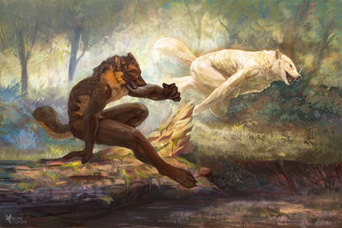 action_pose ambiguous_gender anthro brown_body brown_fur claws duo finger_claws forest fur grass jumping logo nude nude_anthro nude_male outside plant pose running tail teeth text toe_claws tree whisker_spots whiskers white_body white_fur yellow_eyes blindcoyote canid canine canis mammal wolf 2026 3:2 artist_logo artist_name