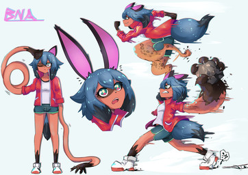 alternate_species anthro black_body black_fur black_hair blue_body blue_eyes blue_fur blue_hair bottomwear brown_body brown_fur clothed clothing dipstick_tail dolphin_shorts female fluffy fluffy_tail footwear fur hair holding_object jacket long_arms markings multicolored_body multicolored_eyes multicolored_fur multicolored_hair multiple_positions open_clothing open_jacket open_topwear pink_eyes running shoes shorts simple_background solo species_transformation tail tail_markings text throwing topwear transformation omega_blueneko brand_new_animal studio_trigger michiru_kagemori canid canine mammal raccoon_dog tanuki 2020 absurd_res english_text hi_res