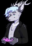 anthro bare_chest clothed clothing ear_piercing ear_ring gaming horn jacket leather leather_clothing leather_jacket leather_topwear livestream male piercing ring_piercing solo topwear reanimatedrabbit vtuber deer mammal 2d_animation animated hi_res short_playtime