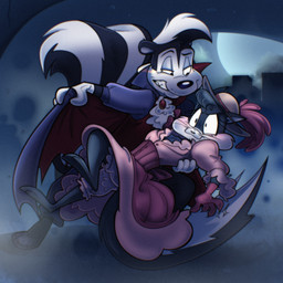 3_toes 4_fingers abstract_background anthro barefoot big_tail blush cape clothing dress duo feet female fingers fog formal_wear full_moon gloves handwear holding_cape holding_onto_partner looking_at_another looking_at_partner male male/female markings moon pink_clothing pink_dress smile smirk striped_markings striped_tail stripes tail tail_markings teeth toes vampire_costume victorian victorian_dress jusrhkuhoh looney_tunes warner_brothers penelope_pussycat pepe_le_pew domestic_cat felid feline felis mammal mephitid skunk 1:1 hi_res