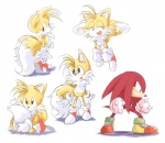 2_tails anthro black_nose blush clothing duo flying footwear fur gloves handwear happy male multi_tail open_mouth shoes shy simple_background sitting smile standing tail white_background white_body white_fur yellow_body yellow_fur oyatsu sega sonic_the_hedgehog_(series) knuckles_the_echidna miles_prower canid canine echidna fox mammal monotreme 2009