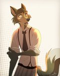 anthro black_nose bottomwear cheek_tuft clothing facial_tuft fur grey_body grey_fur light male necktie open_mouth pants shirt simple_background solo topwear tuft streetfair beastars legoshi_(beastars) canid canine canis mammal wolf 2020 4:5 hi_res lighting