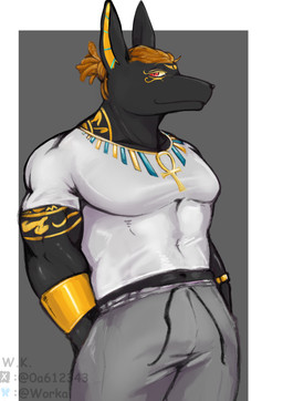 anthro male muscular muscular_male simple_background solo standing tattoo workakeius egyptian_mythology middle_eastern_mythology mythology anubis anubian_jackal canid canine canis deity jackal mammal absurd_res hi_res