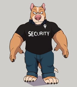 anthro barazoku barefoot biceps big_muscles black_clothing black_shirt black_topwear blue_bottomwear blue_clothing blue_collar blue_pants bottomwear bouncer brown_body brown_fur claws clothing cocky cocky_grin collar feet fierce fierce_expression fur grey_background grin grinning_at_viewer intimidation looking_at_viewer male manly menacing_aura menancing muscular muscular_anthro muscular_arms muscular_male muscular_thighs pants pink_nose presenting presenting_body security security_uniform shadow shirt showing_off_muscles simple_background smile smiling_at_viewer smirk smirking_at_viewer solo standing tail thick_arms thick_thighs thug topwear tough_guy syncrotrace archie_(syncrotrace) canid canine canis domestic_dog mammal pit_bull hi_res