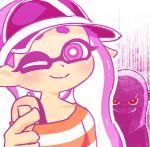 clothing duo female hair hat headgear headwear light_body light_skin long_hair looking_at_viewer ominous one_eye_closed pseudo_hair purple_eyes purple_hair red_eyes smile stalking tentacle_hair tentacles wink mikeinel nintendo splatoon animal_humanoid cephalopod cephalopod_humanoid humanoid inkling marine marine_humanoid mollusk mollusk_humanoid 2018 digital_media_(artwork)