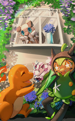 ambiguous_gender blue_eyes brown_body brown_fur doll feral flower fur green_body group plant liaoyuanwildoup nintendo pokemon kian_(kianyemao) charmander galarian_form galarian_ponyta generation_1_pokemon generation_7_pokemon generation_8_pokemon generation_9_pokemon legendary_pokemon ogerpon pokemon_(species) regional_form_(pokemon) rockruff teal_mask_ogerpon absurd_res hi_res