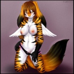 anthro breasts clothed clothing dipstick_tail feathered_wings feathers female markings nipples skimpy solo stripes tail tail_markings topless undressing white_body white_feathers wings ajna canid canine felid fox hybrid lagomorph mammal pantherine skvader tiger 1:1 2010