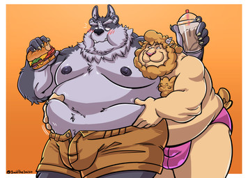 anthro belly belly_grab blush blush_lines bottomwear brown_bottomwear brown_clothing brown_shorts bulge clothed clothing detailed_bulge duo eating eating_food male male/male male_anthro obese obese_anthro obese_male overweight overweight_anthro overweight_male pink_clothing pink_underwear shorts standing topless topless_anthro topless_male underwear said_the_saisio lifewonders tokyo_afterschool_summoners oliver_baaple tsathoggua_(tas) bovid caprine mammal sheep absurd_res hi_res