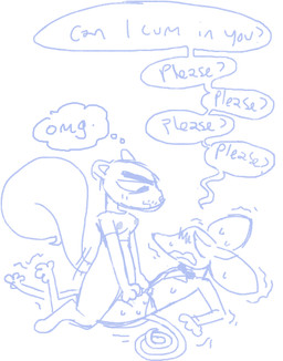 anthro asking begging cowgirl_position duo from_front_position looking_at_another looking_at_partner male on_bottom on_top sex side_view simple_background speech_bubble tail thought_bubble yes-no_question guncht animal_crossing nintendo chadder_(animal_crossing) fan_character house_mouse mammal mouse murid murine rodent sciurid tree_squirrel blue_and_white monochrome sketch