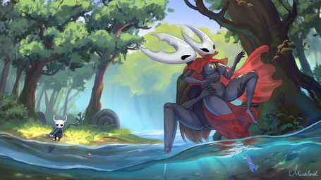 anthro biped black_body blue_nipples breasts cloak clothing day detailed_background duo female fish_hook forest forest_background genitals hook leaf nipples outside plant river standing tree underwater vulva water misslorel hollow_knight_(franchise) team_cherry hollow_knight_(character) hornet_(hollow_knight) pure_vessel_(hollow_knight) the_knight_(hollow_knight) arachnid arthropod spider 16:9 2026 4k absurd_res hi_res signature widescreen half_sister_(lore) male_(lore) sibling_(lore) sister_(lore)
