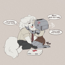 angry anthro apology bandage biped bottomwear cathode_ray_tube clothed clothing cross-popping_vein dialogue duo ellipsis exclamation_point eyebrows eyes_closed female fingers fluffy fluffy_tail for_a_head fur grey_body hair husband_and_wife kneeling looking_at_another machine male married_couple medkit necktie one_eye_obstructed open_mouth open_smile pants romantic romantic_couple screen screen_face shirt skirt smile speech_bubble tail talking_to_another term_of_endearment text topwear white_body white_fur white_hair auveiss matthew_graceford_(auveiss) melissa_graceford_(auveiss) canid canine humanoid mammal object_head robot screen_head 1:1 2026 english_text