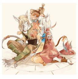 4_fingers 4_toes 5_claws accessory anthro barefoot biped black_clothing black_eyes black_shirt black_topwear blonde_hair blue_eyes bottomwear brown_bottomwear brown_clothing brown_hair brown_legwear brown_pants brown_tail carrying_another claws closed_smile clothed clothed_anthro clothed_female clothed_male clothing coat collarbone cravat cropped_jacket crossed_legs eye_through_hair eyebrow_through_hair eyebrows feet female female_anthro finger_claws fingers footwear fully_clothed fully_clothed_anthro fully_clothed_female fully_clothed_male furgonomics green_eyes grey_body grey_ears grey_tail group hair hat headgear headwear iris kemono kneeling larger_anthro larger_female larger_male legwear looking_at_another male male_anthro mouth_closed on_ground on_shoulder open_mouth open_smile orange_clothing orange_footwear orange_socks overalls pants pupils red_clothing red_coat red_hat red_headwear red_helmet red_topwear shirt sitting size_difference smaller_anthro smaller_male smile smiling_at_another snout socks sweatdrop_(iconography) tail tail_accessory toe_claws toeless_footwear toeless_legwear toeless_socks toes topwear translucent translucent_hair trio white_claws white_hair white_sclera uni-6 final_fantasy final_fantasy_ix square_enix freya_crescent prince_puck_(character) sir_fratley 2025 absurd_res digital_drawing_(artwork) digital_media_(artwork) hi_res shaded