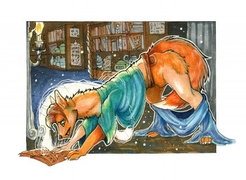 all_fours ambiguous_gender book clothing feral fur hair human_to_feral magic mid_transformation oversized_clothing red_body red_fur shirt solo species_transformation spell topwear transformation tellarasa canid canine fox human mammal