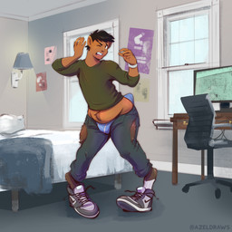 bed bedding bedroom blanket bracelet brown_body brown_fur buckteeth bulge chair clothed clothing computer desk ear_expansion electronics expansion feral fur fur_growth furniture growth inside jewelry male mid_transformation monitor office_chair one_eye_closed open_mouth pillow poster reality_shift solo table tail tail_growth tail_growth_in_pants tail_tenting teeth torn_clothing transformation underwear window azeldraws asinus donkey equid equine human mammal 1:1 hi_res