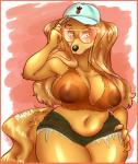 amber_eyes anthro big_breasts border bralette breasts clothed clothing curvy_figure deep_navel eyebrows eyewear female fur hair hat headgear headwear long_hair looking_at_viewer mature_anthro mature_female midriff navel nipples orange_border simple_background skimpy slightly_chubby solo sunglasses thick_thighs translucent translucent_clothing voluptuous yellow_body yellow_fur maplepudding mabel_(cherrikissu) canid canine canis domestic_dog hunting_dog mammal saluki sighthound 2017 absurd_res hi_res signature