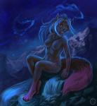 anthro black_body black_fur blue_hair breasts cosmic detailed_background female fur hair jewelry looking_at_viewer medium_breasts necklace night nude outside purple_body purple_fur smile solo star water waterfall yellow_eyes flashw felid mammal digital_media_(artwork) digital_painting_(artwork) painting_(artwork)