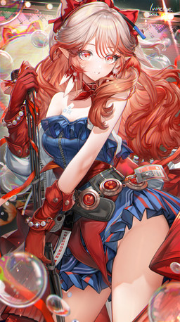 blue_clothing blue_dress blush breasts bubble clothing collarbone dress ear_piercing ear_ring electronics female frilly frilly_clothing frilly_dress front_view gloves hair handwear holding_microphone holding_object humanoid_pointy_ears id_card jewelry long_hair looking_at_viewer mature_female microphone microphone_stand not_furry open_mouth orange_hair piercing pink_hair pointy_ears pose red_clothing red_eyes red_gloves red_handwear red_ribbon ribbons ring_piercing screen sleeveless_dress smile solo stage standing irvinetope arknights hypergryph studio_montagne haruka_(arknights) aquatic cyprinid cypriniform fish goldfish goldfish_humanoid humanoid 2026 absurd_res colored digital_drawing_(artwork) digital_media_(artwork) hi_res shaded