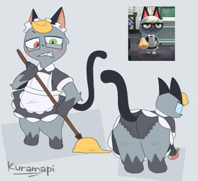 annoyed anthro blush bodily_fluids broom butt cleaning cleaning_tool clothing eyewear glasses maid_headdress maid_uniform male panties presenting presenting_hindquarters solo sweat sweatdrop underwear uniform wearing_glasses kuramapi animal_crossing nintendo raymond_(animal_crossing) domestic_cat felid feline felis mammal