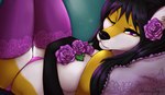 anthro breasts clothed clothing female flower fur hair legwear looking_at_viewer panties plant rose_(flower) simple_background smile solo stockings underwear white_body yellow_body yellow_fur kraven-gothly rocksy canid canine fox mammal