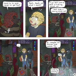 5_panel_comic annoyed anthro beverage_bottle black_body black_clothing black_hair black_sclera black_shirt black_topwear blonde_hair blue_eyes bottle bottomwear broken_window brown_eyes cigarette cigarette_in_mouth clothed clothing container controller dialogue drugs ellipsis fur furniture grey_body grey_fur group hair hands_on_lap holding_blunt holding_controller holding_object holding_remote_control inside light logo lying lying_on_sofa male marijuana marijuana_blunt messy_room object_in_mouth on_sofa pants profanity red_hair remote_control sad shirt shocked sitting sitting_on_sofa smoking smoking_cigarette smug sofa speech_bubble sweater tense text topwear trio wide_eyed yellow_body yellow_eyes yellow_fur kriek_wildebeest jeremy_(kriek_wildebeest) ravi_(kriek_wildebeest) tom_(kriek_wildebeest) border_collie canid canine canis collie domestic_dog herding_dog husky hybrid mammal nordic_sled_dog pastoral_dog portuguese_water_dog sheepdog spitz wolf 1:1 artist_logo comic english_text hi_res multiple_scenes