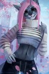 5_fingers anthro breasts clothed clothing day detailed_background eyebrows eyelashes female fingers fur grey_body grey_fur hair midriff navel outside pink_hair pink_nose skinny sky smile solo juliathedragoncat julia_mato domestic_cat felid feline felis mammal 2020 2:3 digital_media_(artwork) hi_res