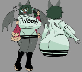 anthro bat_wings beverage beverage_can big_breasts big_butt black_boots black_clothing black_footwear black_text bodysuit boots breasts butt can clothed clothed_anthro clothed_female clothing coat container curvy_figure ear_piercing eyebrows eyewear fangs female female_anthro fingers footwear front_view glasses green_hair grey_background hair holding_beverage holding_can holding_container holding_object huge_breasts huge_butt membrane_(anatomy) membranous_wings monster_energy_can nipple_outline open_mouth open_smile piercing rear_view shirt shoes short_hair simple_background skinsuit smile solo standing teeth text text_on_clothing text_on_shirt text_on_topwear thick_thighs tight_clothing topwear wearing_glasses wings mooncheese monster_energy matcha_(kishukikin) bat mammal 2025 absurd_res digital_drawing_(artwork) digital_media_(artwork) full-length_portrait hi_res portrait