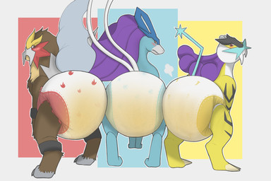 ambiguous_gender ass_to_ass bent_tail big_diaper black_body black_markings blue_body blue_tail blush blush_lines bodily_fluids brown_body brown_fur butt butt_focus claws clothed clothing diaper diaper_only diaper_puff fangs feral frown fur genital_fluids grey_body grey_claws grey_fur grey_tail grey_toe_claws group hair head_crest leg_markings lightning_bolt long_hair looking_back markings multicolored_body multicolored_fur narrowed_eyes pattern_diaper presenting presenting_diaper presenting_hindquarters purple_hair rear_view sabertooth_(anatomy) side_by_side simple_background socks_(marking) tail tan_body tan_claws tan_fur tan_toe_claws teeth toe_claws topless trio two_tone_tail unclean_diaper urine used_diaper wearing_diaper wet_diaper white_body white_tail yellow_body scripin nintendo pokemon entei generation_2_pokemon legendary_pokemon pokemon_(species) raikou suicune 2026 3:2 hi_res