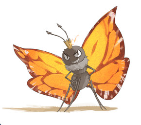 2_antennae 3_fingers 4_legs ambiguous_gender antennae_(anatomy) anthro black_antennae black_body crown eyespots fingers grin hand_on_hip headgear insect_wings lepidopteran_wings markings monotone_body multicolored_wings nude orange_wings quadruped ruff simple_background smile solo sparkles spread_wings standing teeth toothy_grin wings 0101010_o disney hoppers_(disney) pixar titus_(hoppers) arthropod butterfly insect lepidopteran monarch_butterfly 2026 absurd_res digital_media_(artwork) hi_res