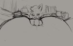 belly big_belly blush blush_lines book cake dessert food hand_on_belly inside looking_at_viewer mouth_closed narrowed_eyes solo raster_dreams nintendo pokemon arlean_(raster_dreams) arcanine generation_1_pokemon pokemon_(species) 2022 monochrome