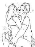 anthro balls beaver bellyjob betsy_(disambiguation) black_and_white blush bottomless butt clothed clothing duo exclamation_point genitals heart_symbol kissing lagomorph leporid male mammal monochrome nude penis rabbit rodent slightly_chubby