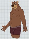 4_fingers anthro belly biped body_hair boxers_(clothing) brown_body brown_claws brown_eyebrows brown_eyes brown_fur brown_nipples brown_nose bulge checkered checkered_background claws clothed clothing eyebrows fingers fur happy_trail looking_aside male male_anthro multicolored_body navel nipples open_mouth orange_body orange_fur orange_inner_ear overweight overweight_anthro overweight_male partially_clothed partially_clothed_male pattern_background raised_eyebrow red_clothing red_underwear simple_background smile solo standing teeth tongue underwear underwear_only white_background white_sclera unsafescapewolf arches_(game) echo_(series) echo_project devon_ortega bear mammal 2024 digital_drawing_(artwork) digital_media_(artwork) hi_res portrait three-quarter_portrait