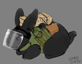 ambiguous_feral ambiguous_gender black_body black_fur clothed clothed_feral clothing feral fur mask military_uniform solo text uniform bravobunny lagomorph leporid mammal rabbit artist_name full-length_portrait portrait