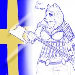 1:1 anthro armor axe battle_axe bikini_armor blackbetty bracers canid canine canis clothing female mammal medieval melee_weapon pauldron scalemail solo sweden unconvincing_armor weapon wolf
