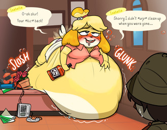 alcohol anthro belly beverage big_belly blush clothing drunk duo expansion eye_roll female fur huge_belly hyper hyper_belly inflation lying_on_self male overweight overweight_female resting_on_belly simple_background slurred_speech speech_bubble substance_intoxication tail tail_motion tailwag text yellow_body yellow_fur noah-buddy animal_crossing nintendo isabelle_(animal_crossing) villager_(animal_crossing) canid canine canis domestic_dog mammal shih_tzu toy_dog 2020 english_text hi_res