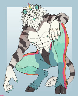 1_horn 5_fingers abs anthro black_body black_fur blep blue_body blue_eyes blue_fur blue_horn blue_tongue claws cloven_hooves crouching featureless_crotch fingers fur green_body green_tongue grey_body grey_fur hooves horn looking_at_viewer male male_anthro mane markings multicolored_body multicolored_fur muscular muscular_anthro muscular_male navel nipples nude pecs simple_background smile solo sparkles striped_body striped_fur stripes tail tail_tuft tongue tongue_out tuft unguligrade unicorn_horn white_body white_fur white_mane yellow_horn milajanh mythology chimera equid equine felid hybrid lion mammal mythological_creature mythological_equine pantherine unicorn 2026 absurd_res digital_media_(artwork) hi_res