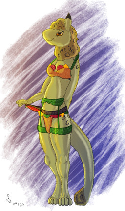 burger_lingerie clothing female fur gesture hand_gesture hands_behind_back leopard_spots navel noseless paws slim smile solo spots standing tail tail_tuft tall tuft yellow_body yellow_fur united_patriots meme_clothing the_nature_of_predators sheva_(frogman) alien venlil_(the_nature_of_predators) 2025 absurd_res digital_drawing_(artwork) digital_media_(artwork) hi_res meme