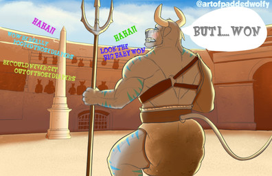 2_horns 5_fingers ambiguous_gender anthro archway arena arm_armor armor back_muscles belt blue_eyes blue_stripes blush blush_lines bulging_diaper bullying butt butt_focus chainmail cheek_tuft cloth_diaper clothed clothing cloud cloudy_sky coliseum colosseum crowd crowd_scene crowd_watching curved_horn day detailed_background dialogue diaper diaper_bulge diaper_fetish diaper_focus diaper_only diaper_use ears_down embarrassed facial_tuft fingers frown frowning_at_another frustrated full_diaper fur fur_tuft furgonomic_diaper furgonomics gate gladiator gladiator_armor grey_arms grey_back grey_body grey_ears grey_face grey_fur grey_hands grey_legs grey_neck grey_nose grey_snout grey_tail group head_horn head_tuft holding_melee_weapon holding_object holding_polearm holding_trident holding_weapon horn humanoid_hands insult laugh laughing_at laughing_at_another long_tail looking_at_another male manica melee_weapon mockery multicolored_arms multicolored_body multicolored_fur multicolored_legs multicolored_shoulders muscular muscular_anthro muscular_arms muscular_legs muscular_male obelisk open_frown open_mouth outside pillar pivoted_ears polearm rear_view retiarius sad sand shoulder_armor sky skyscape soiled_diaper solo_focus speech_bubble stands stone_wall striped_arms striped_body striped_fur striped_legs striped_shoulders stripes tail teeth teeth_showing thin_tail three-quarter_view topless trident tuft tusks unclean_diaper unconvincing_armor used_diaper wall_(structure) warrior weapon wearing_diaper white_horn paddedwolfy european_mythology greek_mythology mythology ambiguous_species bovid bovine cattle mammal minotaur digital_drawing_(artwork) digital_media_(artwork) hi_res