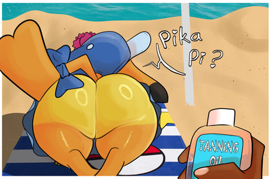 accessory beach_towel beach_umbrella big_butt black_ears blue_clothing blue_hat blue_headwear bow_ribbon brown_body brown_skin butt clothing dark_body dark_skin dipstick_ears duo ear_markings ears_down female feral first_person_view fur furgonomics glistening glistening_butt hat headgear headwear heart_symbol holding_object huge_butt humanoid_hands long_tail lying multicolored_ears on_front parasol pivoted_ears pokemon_speak rear_view ribbons solo_focus speech_bubble tail tail_accessory tail_bow tail_ribbon tanning_lotion text towel yellow_body yellow_ears yellow_fur yellow_tail synisterstrokes nintendo pokemon ms._wavychu generation_1_pokemon human humanoid mammal pikachu pokemon_(species) english_text hi_res
