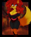 absurd_res adelma_(alelombardart) anthro big_breasts black_clothing black_dress breasts canid canine clothed clothing curvy_figure digital_media_(artwork) dress female fox fur hair hi_res huge_breasts looking_at_viewer mammal manuelangasfox mexican_dress open_mouth orange_body orange_fur purple_eyes red_fox red_hair simple_background smile solo tail teeth thick_thighs tongue true_fox voluptuous wide_hips yellow_body yellow_fur