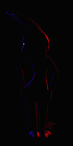 anthro blue_light female looking_at_viewer looking_back monotone_background red_light silhouetted_body simple_background solo stylized sinicalsix disney zootopia judy_hopps lagomorph leporid mammal rabbit 3d_(artwork) 6:13 digital_media_(artwork) hi_res