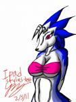 anthro biped black_nose blue_body blue_fur breasts female fur horn pink_eyes simple_background solo standing white_background white_body white_fur snowfyre monster_rancher tecmo g-sci_(snowfyre) canid canine canis mammal tiger_(monster_rancher) wolf 2011 3:4