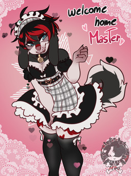 alternative_fashion anthro black_body black_fur black_hair clothing collar collar_tag curled_tail dialogue emo fangs femboy floppy_ears fur hair half-closed_eyes highlights_(coloring) legwear maid_apron maid_uniform male master multicolored_body multicolored_fur narrowed_eyes open_mouth open_smile pink_background red_highlights simple_background smile solo stockings tail teeth text thigh_highs two_tone_body two_tone_fur uniform white_body white_fur moucchiato moucchiato_(character) canid canine canis domestic_dog elkhound mammal spitz english_text hi_res andromorph_(lore) trans_(lore) trans_man_(lore)