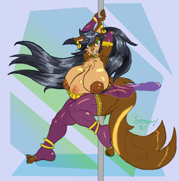 big_nipples dancing ear_piercing ear_ring exotic_dancer facial_piercing female lip_piercing nipples nose_piercing nose_ring piercing pole pole_dancing pregnant ring_piercing solo sonomatic orlena canid canine canis coyote mammal hi_res