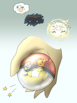 ambiguous_gender band_(marking) banded_tail black_body black_fur bodily_fluids claws darkness duo feral forehead_gem fur gem hair_loss iconography in_pokeball light markings open_mouth pokeball sweat tail tail_markings tail_orb transformation white_body white_fur yellow_body yellow_fur kareha_21909 nintendo pokemon ampharos generation_2_pokemon human mammal pokemon_(species) 3:4 hi_res