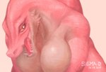 anthro bedroom_eyes big_breasts breasts cleavage clothed clothing female looking_at_viewer narrowed_eyes pink_body scales seductive sharp_teeth solo spikes spikes_(anatomy) teeth sigma-d mythology dragon mythological_creature mythological_scalie scalie hi_res