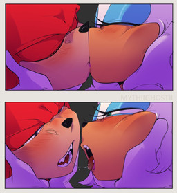 anthro blue_eyeshadow blush bodily_fluids close-up duo eyeshadow fangs female kissing makeup male saliva saliva_string teeth tongue tongue_out mythiilewdii sega sonic_the_hedgehog_(series) knuckles_the_echidna rouge_the_bat bat echidna mammal monotreme comic