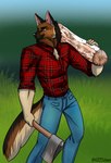 anthro axe bottomwear brown_body brown_fur chest_tuft clothed clothing denim denim_bottomwear denim_clothing flannel fully_clothed fur grass holding_object holding_wood jeans log looking_back lumberjack lumberjack_position male melee_weapon orange_eyes outside pants plant smile solo tail tuft weapon wood tsarinart canid canine canis domestic_dog german_shepherd herding_dog mammal pastoral_dog hi_res