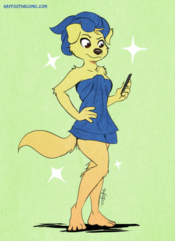 anthro brown_eyes electronics female fingers green_background holding_object holding_phone looking_at_object looking_down phone shadow simple_background solo sparkles text towel towel_on_head boscotty canid canine canis domestic_dog mammal 2021 digital_media_(artwork) hi_res url