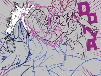 anthro beak bottomwear clothing cross-popping_vein curly_hair duo electricity electricity_manipulation elemental_manipulation eyewear feathers female fight fist goggles hair impact_lines kerchief male onomatopoeia punch shorts sound_effects text skweekers rivals_of_aether absa wrastor avian bird bovid caprine goat mammal 2026 4:3 hi_res sketch spot_color